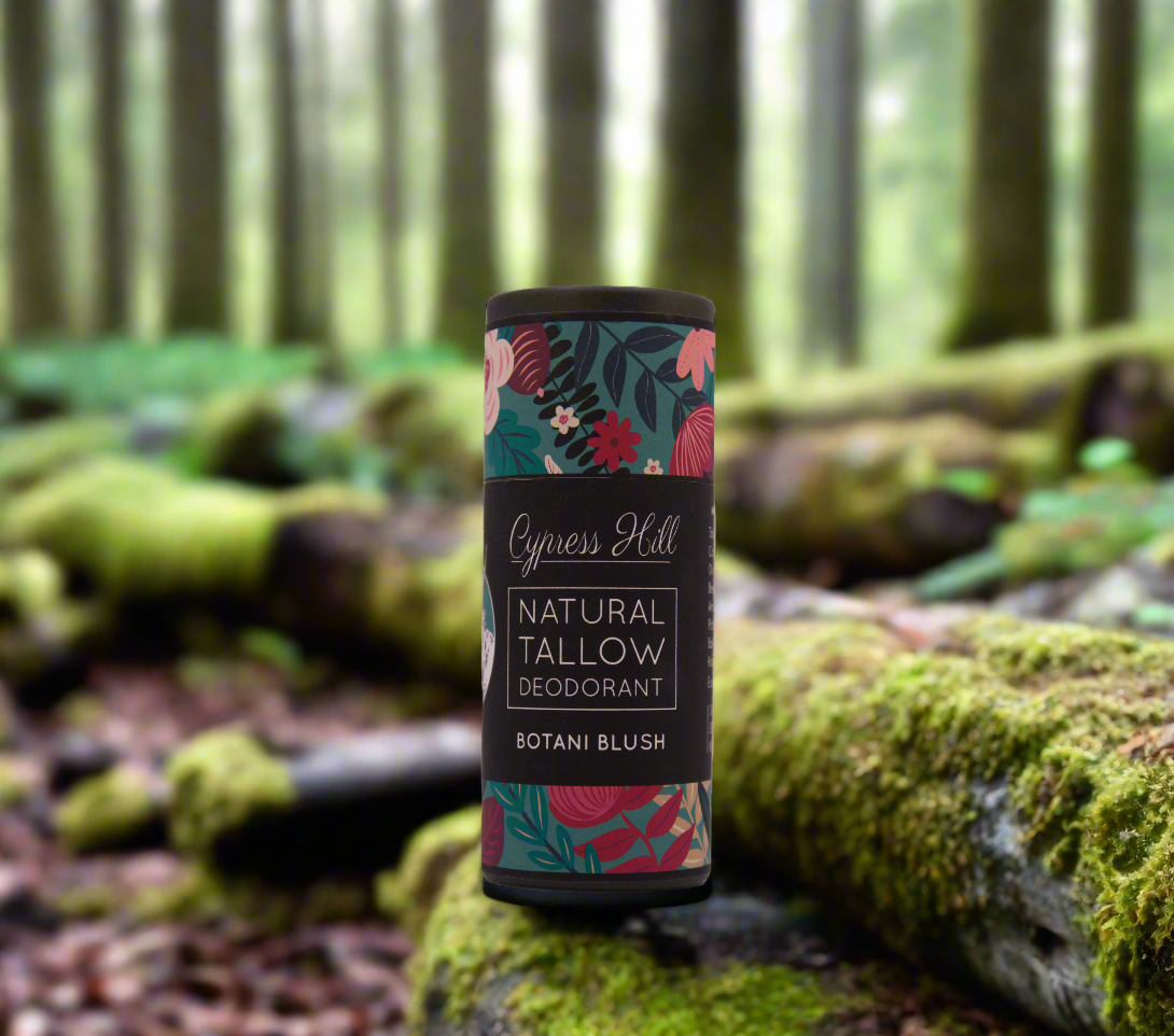 Natural tallow deodorant with floral design on a white background