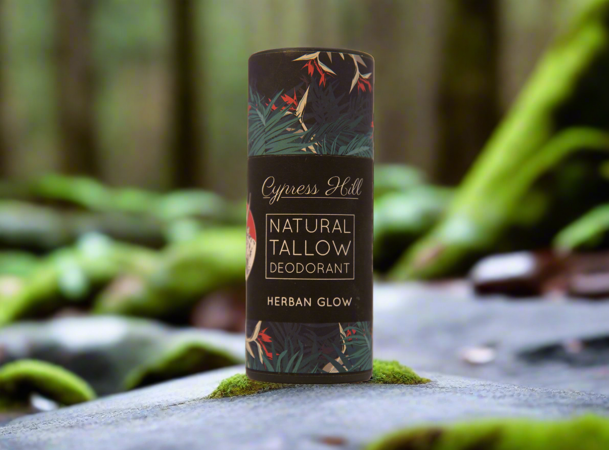 Cypress Hill natural tallow deodorant stick with floral design on a white background