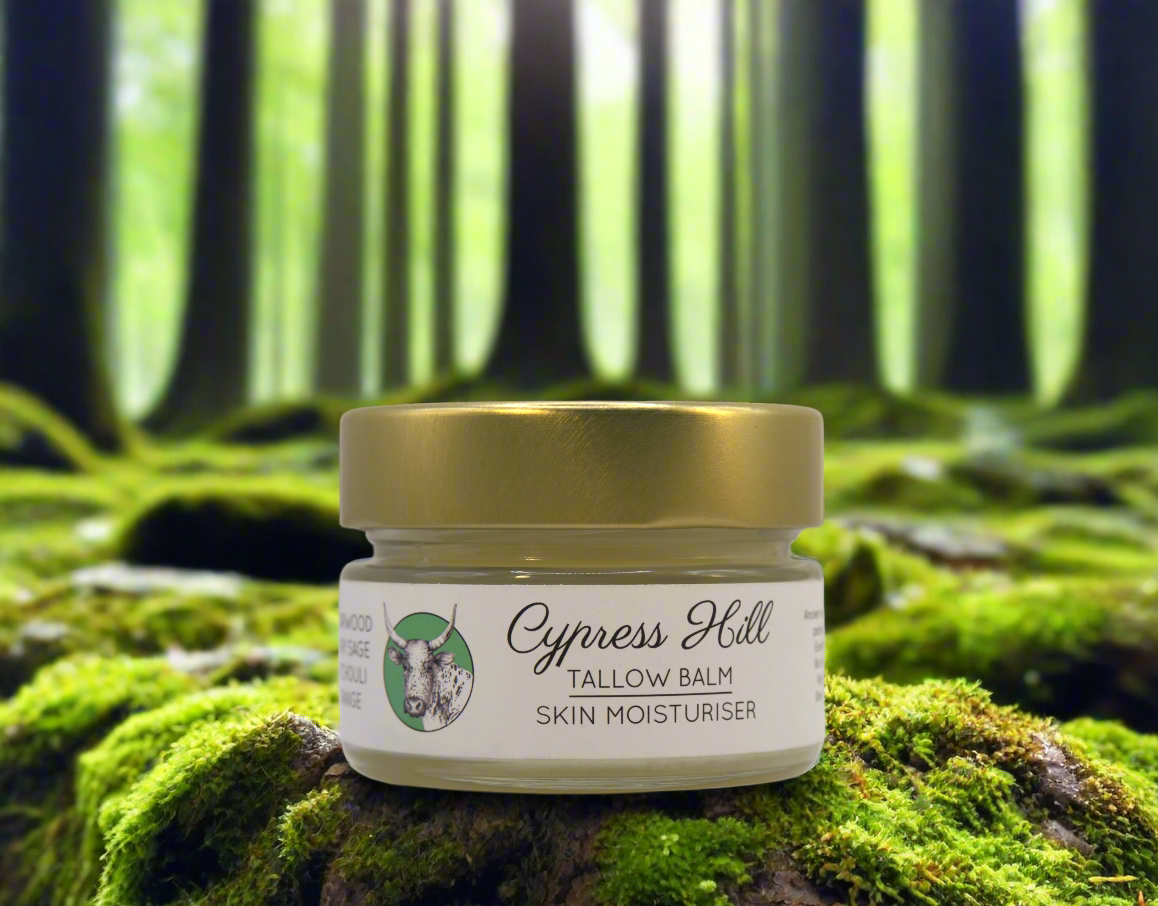 Jar of Cypress Hill tallow balm on a light background