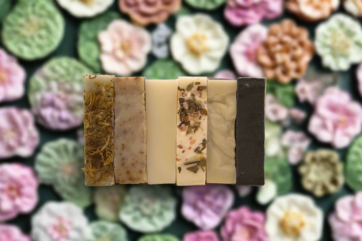 six different types of soap bars arranged in a row on a light green background